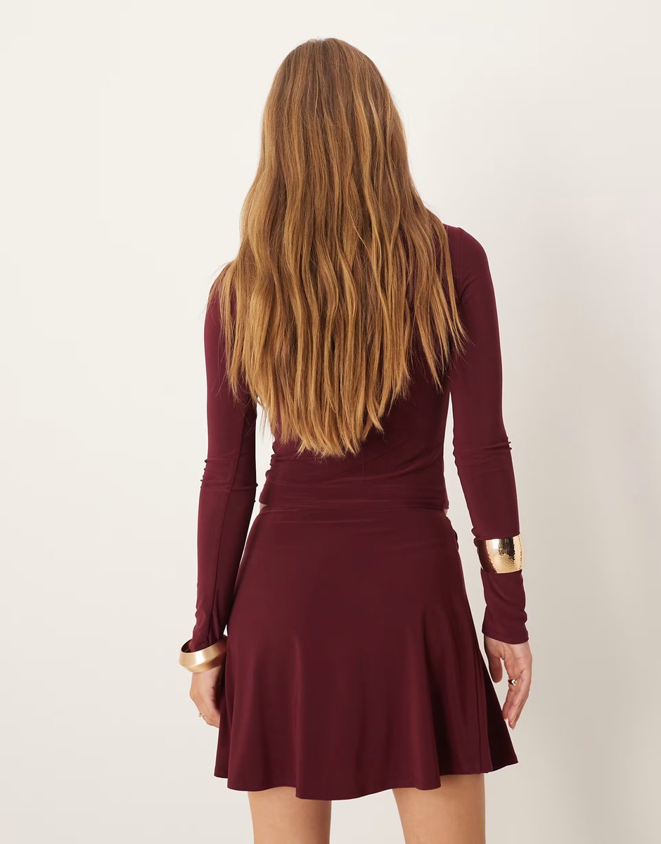 ASOS ASOS DESIGN co-ord slinky mini skirt with ruched trim detail in burgundy - 4