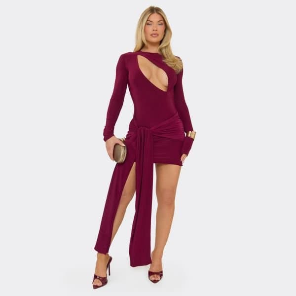 EGO Long Sleeve Cut Out Front Drape Detail Mini Dress In Burgundy, Women's Size UK 6