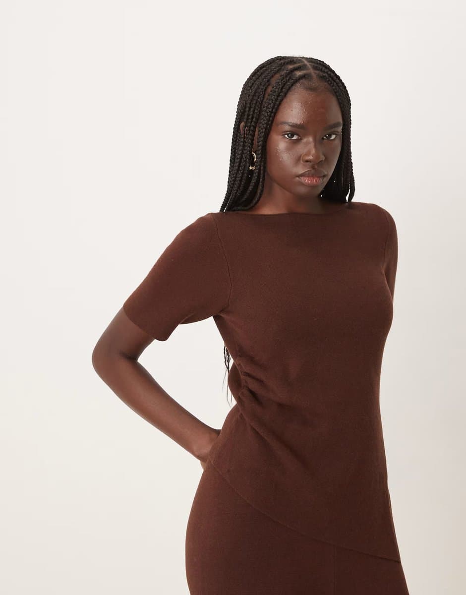 ASOS ASOS DESIGN ruched side asymmetric t-shirt co-ord in chocolate
