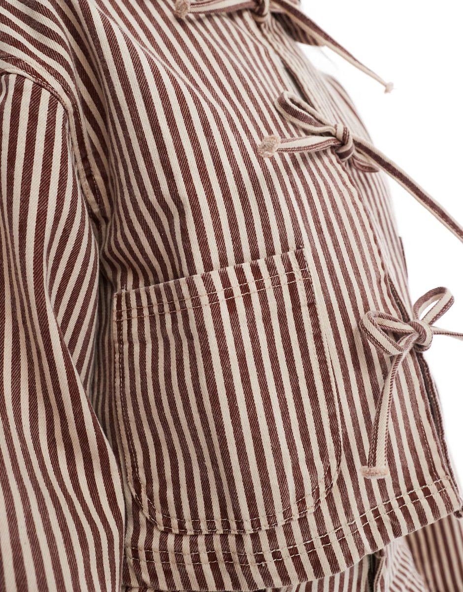 ASOS Daisy Street bow tie front denim jacket in red and ecru stripe co-ord - 4