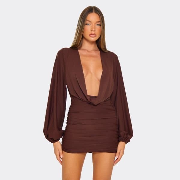 EGO Long Sleeve Cowl Neck Top In Chocolate Brown Slinky, Women's Size UK 6