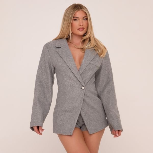 EGO Cinched Waist Wool Look Blazer Dress In Grey, Women's Size UK 4 - 1