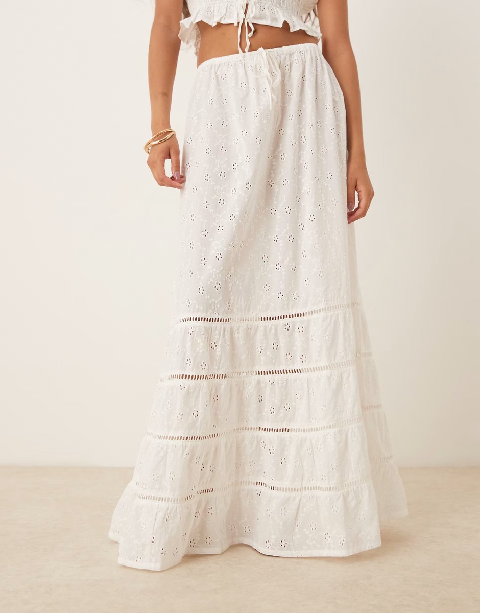ASOS Iisla & Bird broderie ruched tiered beach skirt in white - 2