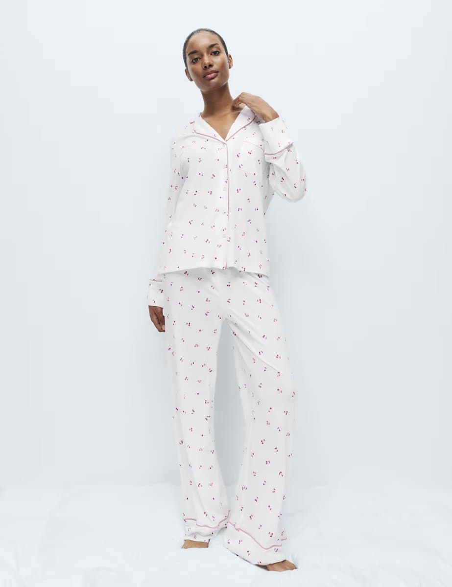 Marks & Spencer M&S Cotton Modal Cherry Print Pyjama Set White Mix
