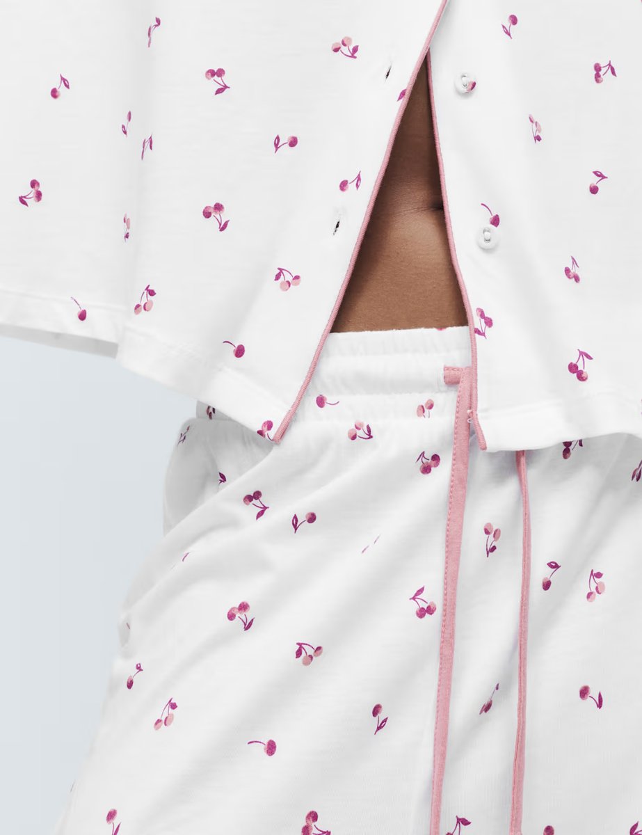 Marks & Spencer M&S Cotton Modal Cherry Print Pyjama Set White Mix - 3