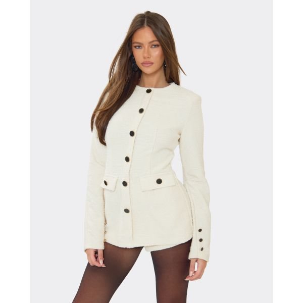EGO Long Sleeve Pocket Detail Button Front Playsuit In Cream, Women's Size UK 8 - 2