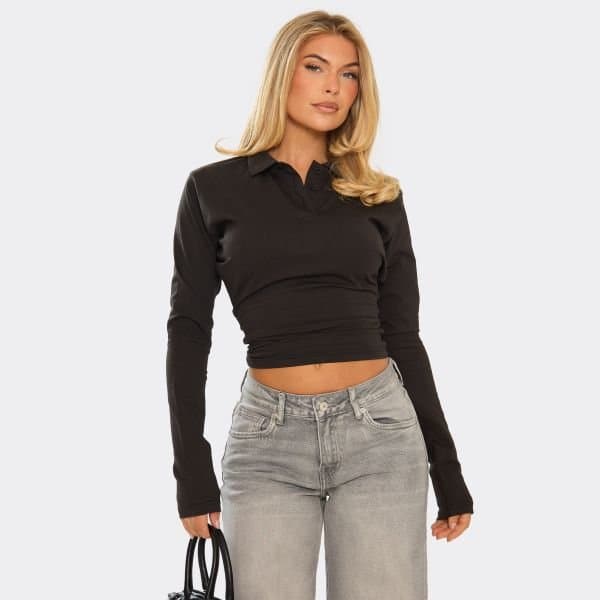 EGO EGO Long Sleeve Cinched Waist Button Down Polo Top in Black