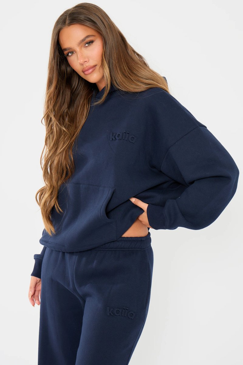 Kaiia Kaiia Embossed Logo Oversized Hoodie Navy - 4