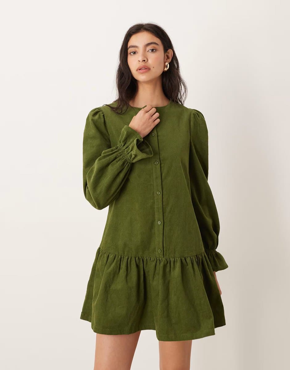 ASOS Glamorous long sleeve cord smock mini dress in olive green
