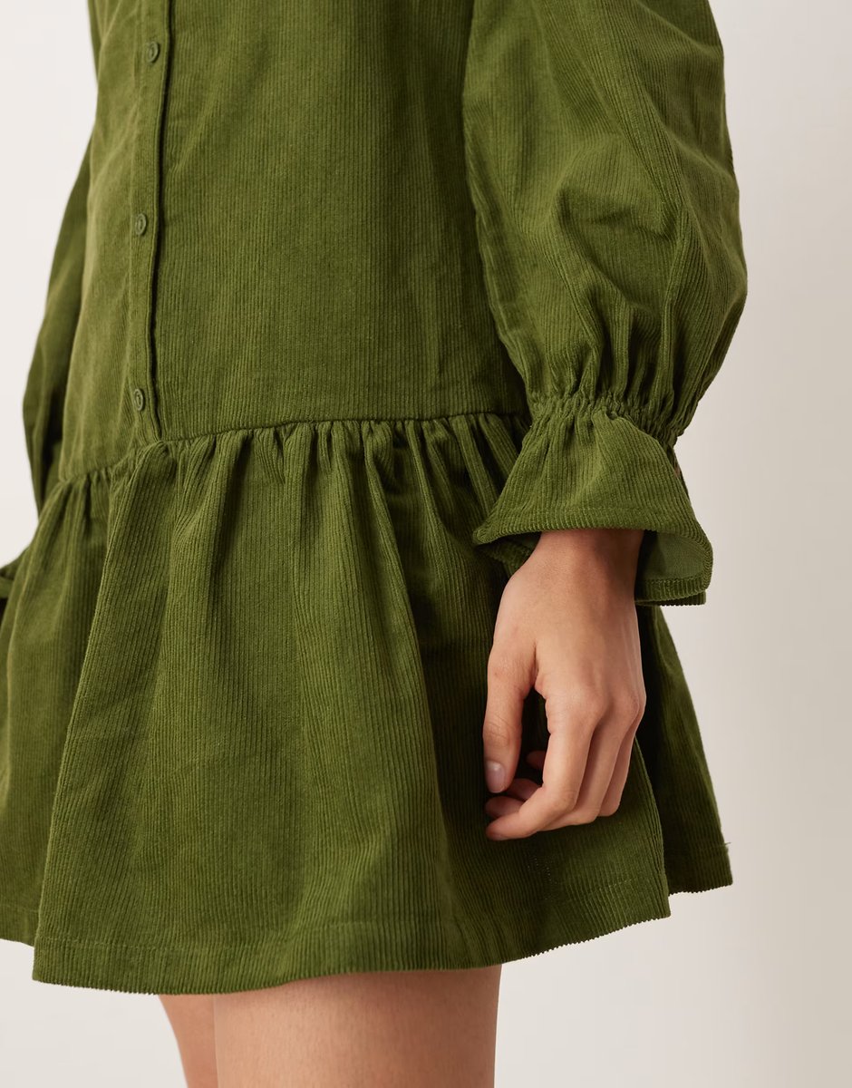 ASOS Glamorous long sleeve cord smock mini dress in olive green - 3