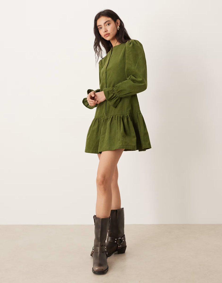 ASOS Glamorous long sleeve cord smock mini dress in olive green - 4