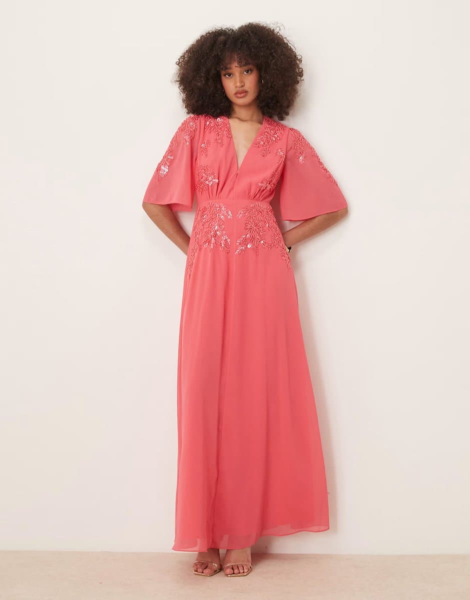 ASOS Hope & Ivy plunge front embellished maxi dress in coral
