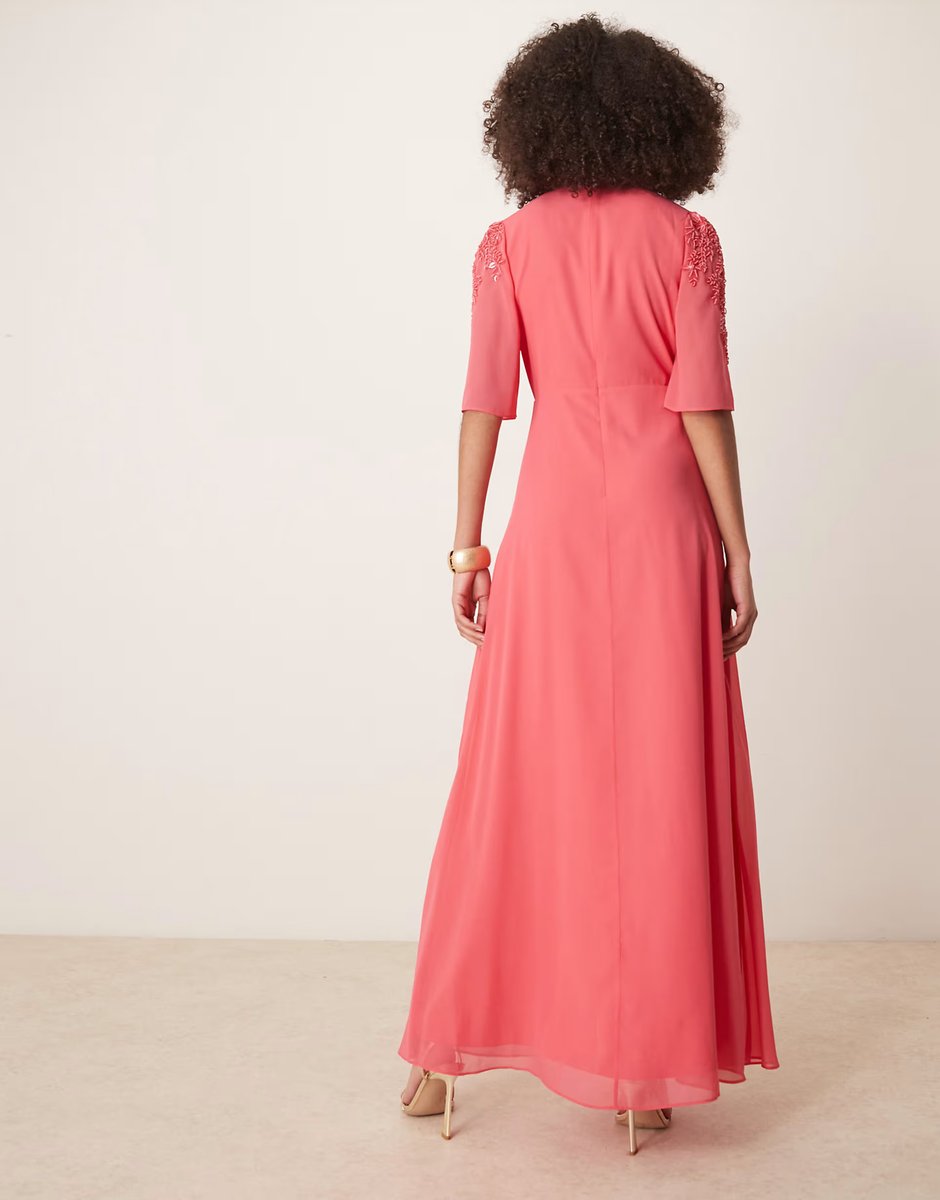 ASOS Hope & Ivy plunge front embellished maxi dress in coral - 4