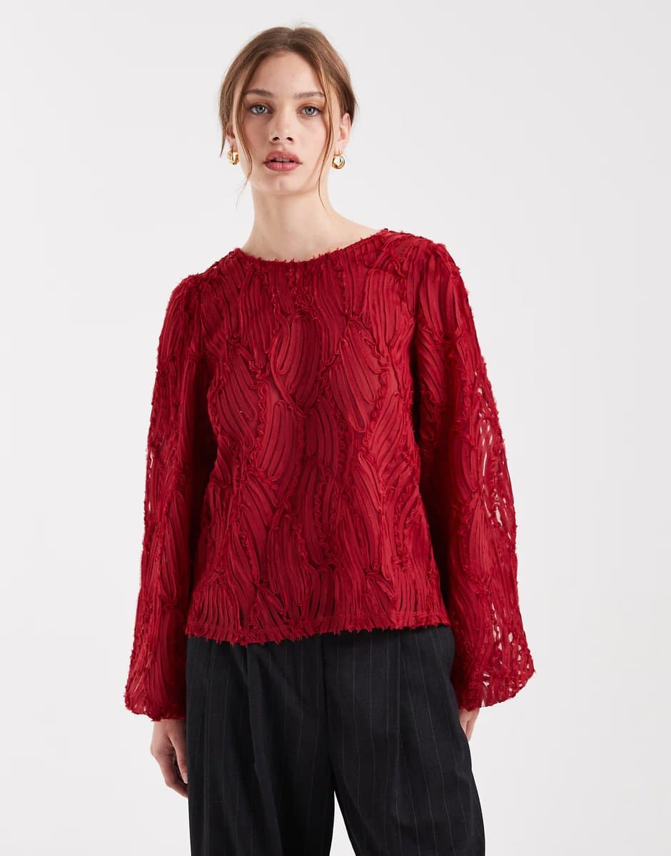 ASOS ASOS Red Textured Long Sleeve Top with 3D Detail