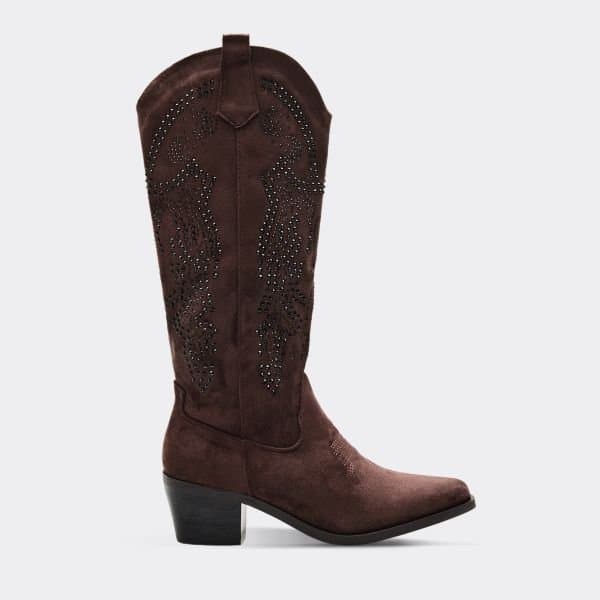 EGO EGO Brown Faux Suede Diamante Detail Knee High Western Cowboy Boot
