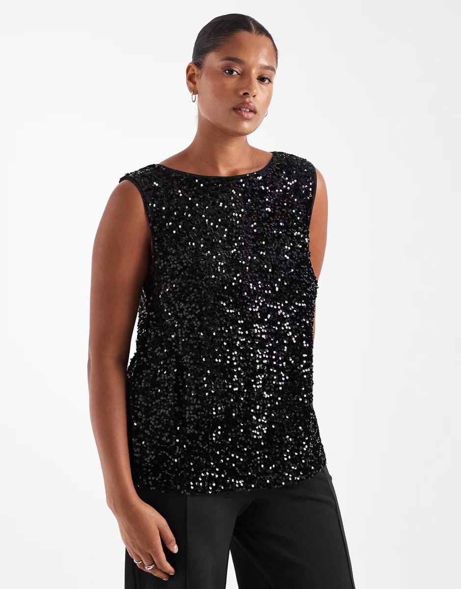 ASOS Pieces Curve slash neck sequin top in black