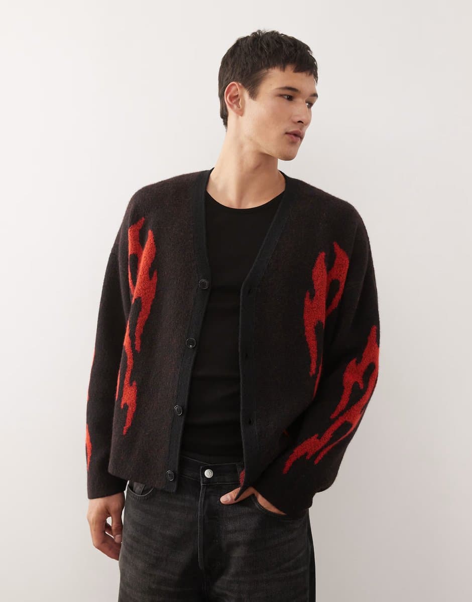 ASOS Weekday Black Wool Blend Oversized Cardigan with Flame Graphic