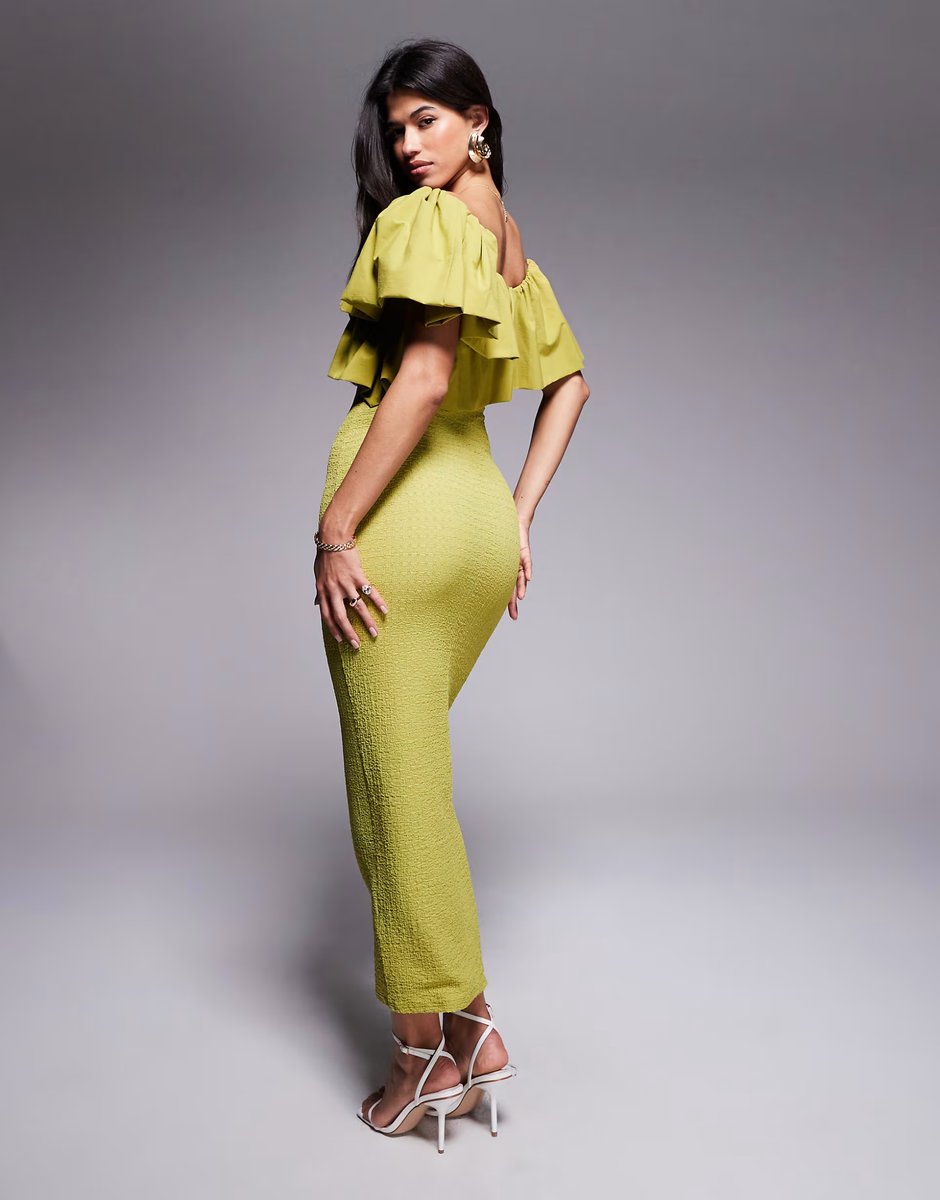 ASOS ASOS DESIGN textured midi dress with contrast fabric ruffle in lime - 3