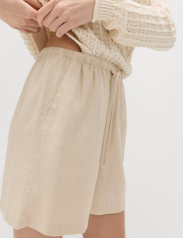 Marks & Spencer M&S Pull On High Waisted Shorts with Linen Beige - 2