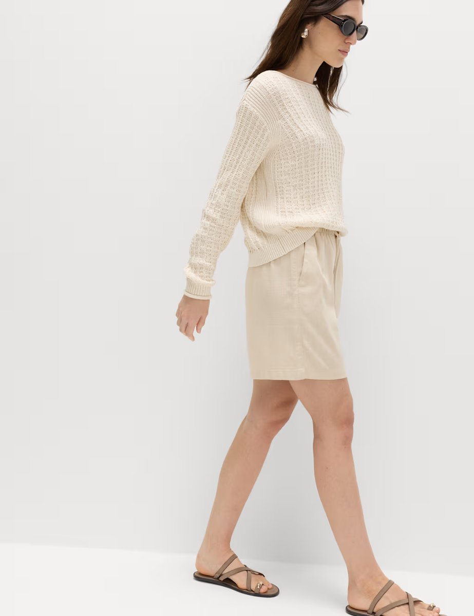 Marks & Spencer M&S Pull On High Waisted Shorts with Linen Beige - 4