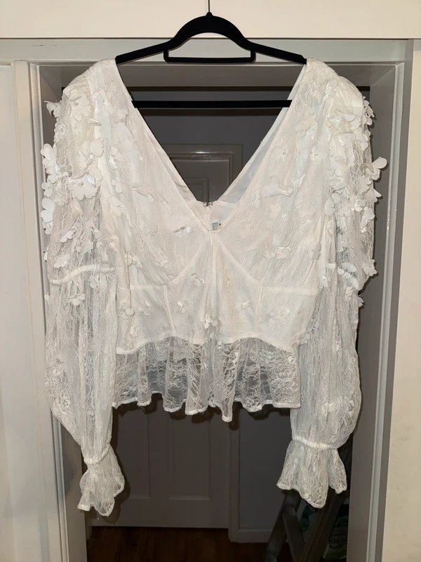 ASOS ASOS Luxe 3D Floral Embellished Cotton Broderie Top with Organza Peplum Hem - 2