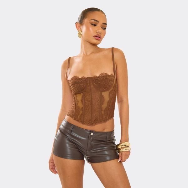 EGO Cupped Detail Structured Corset Top In Chocolate Lace, Women's Size UK Large L - 1