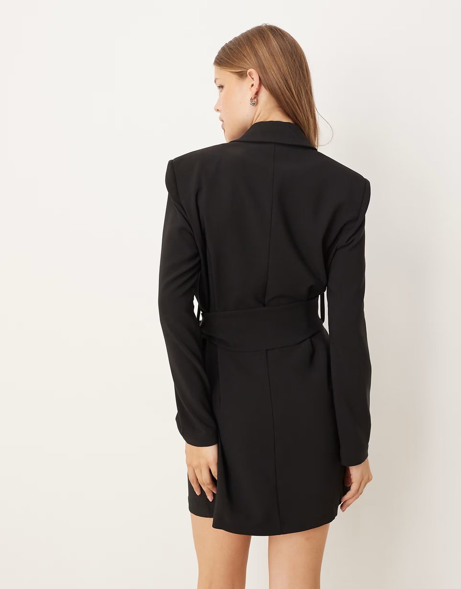 ASOS Pretty Lavish tie waist blazer mini dress in black - 4