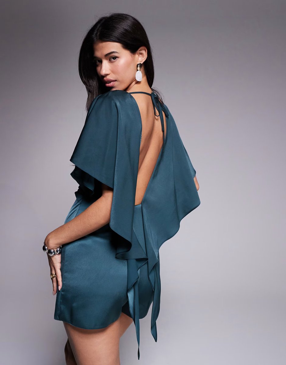 ASOS ASOS DESIGN satin draped skort playsuit with cape back in slate grey - 3