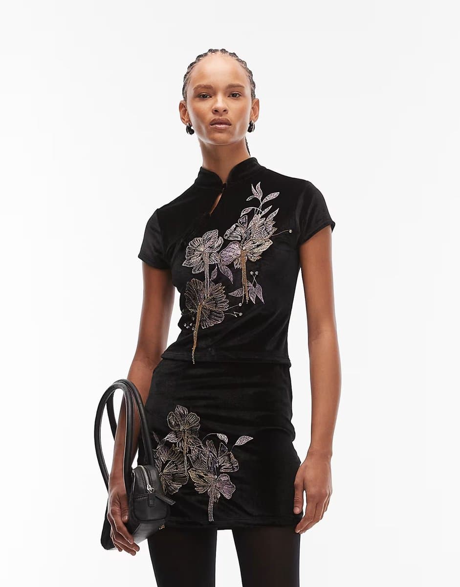 ASOS ASOS DESIGN co-ord velvet embroidered top with rouleau loop and drip bead detail in black