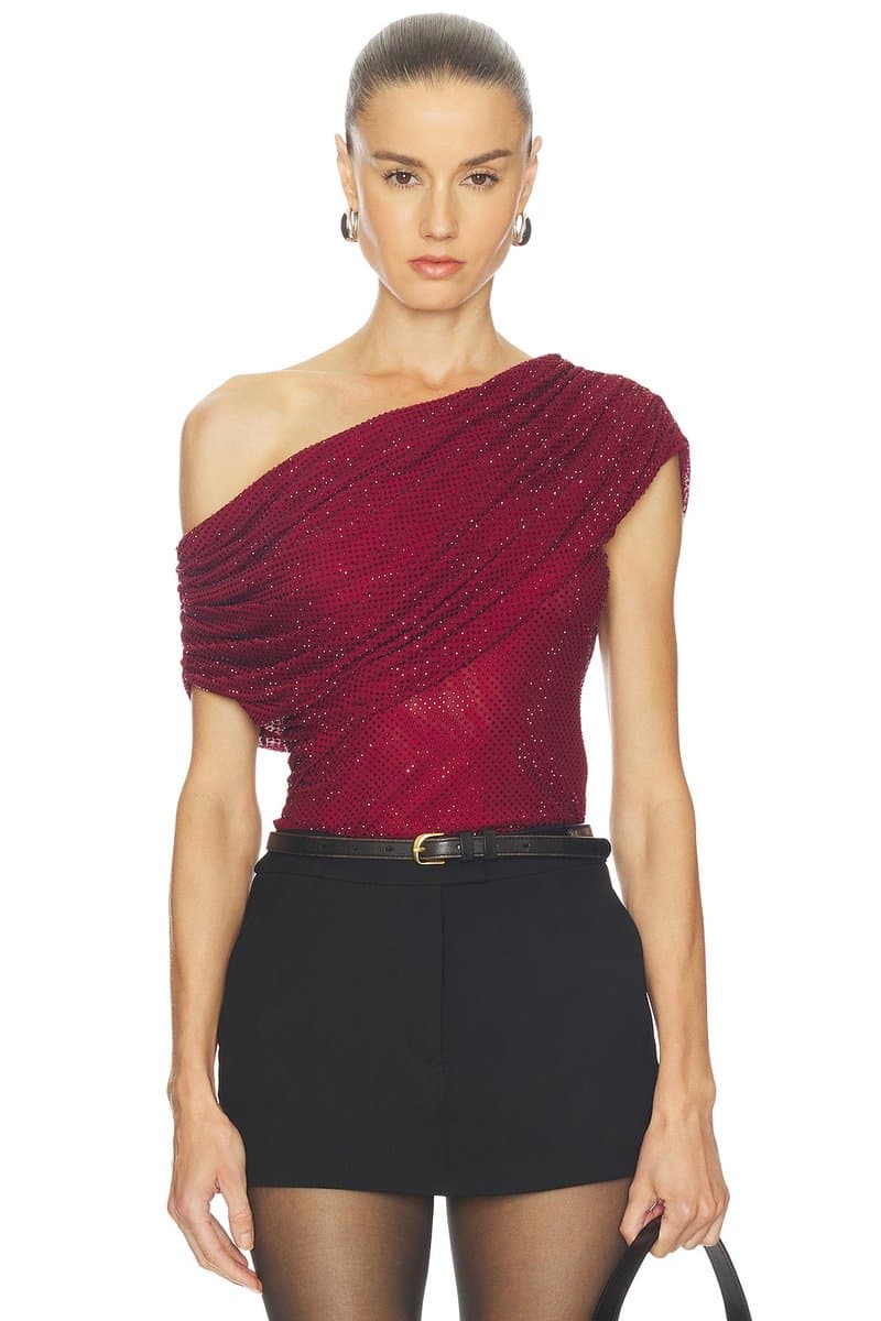 revolve Revolve Burgundy Rhinestone Drape Off-Shoulder Top