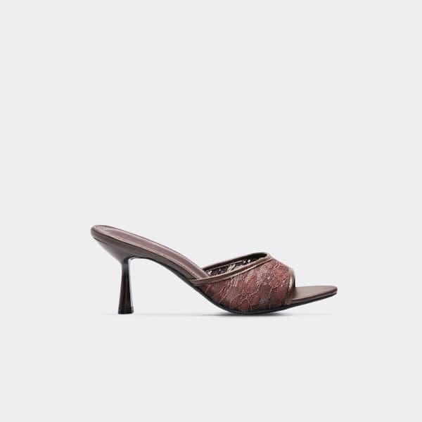 EGO Tierra Lace Detail Heeled Mule In Brown Faux Leather, Women's Size UK 3