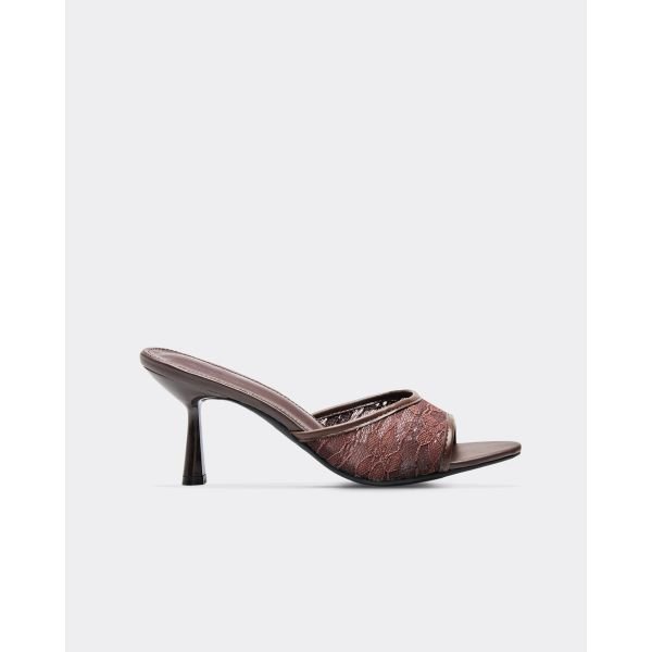 EGO Tierra Lace Detail Heeled Mule In Brown Faux Leather, Women's Size UK 3 - 2