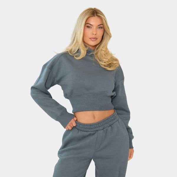 EGO Cinched Waist Cropped Hoodie In Steel Blue, Women's Size UK 6 - 1