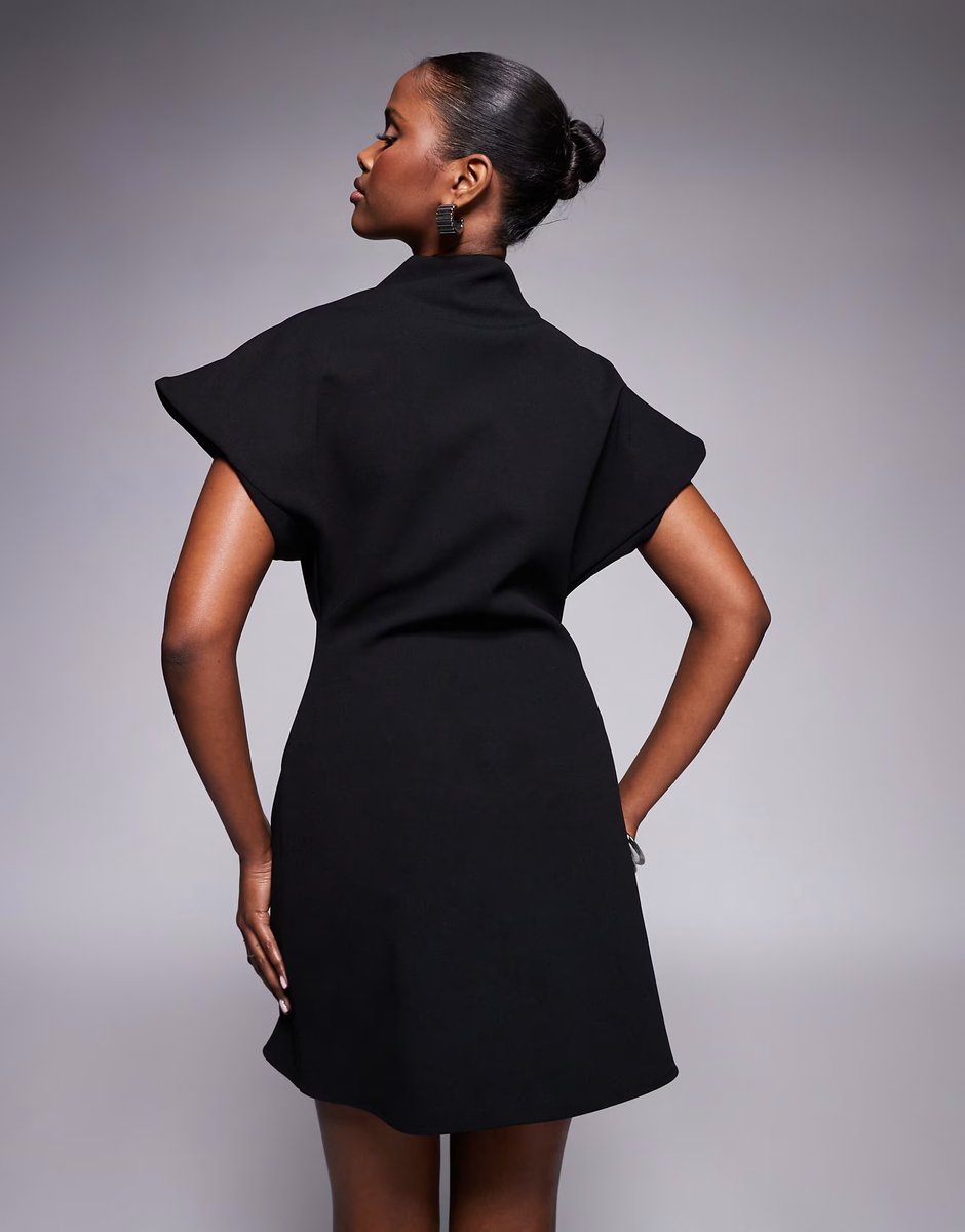 ASOS ASOS DESIGN bonded  cap sleeve mini dress with slash neck detail in black in scuba-style fabric - 3