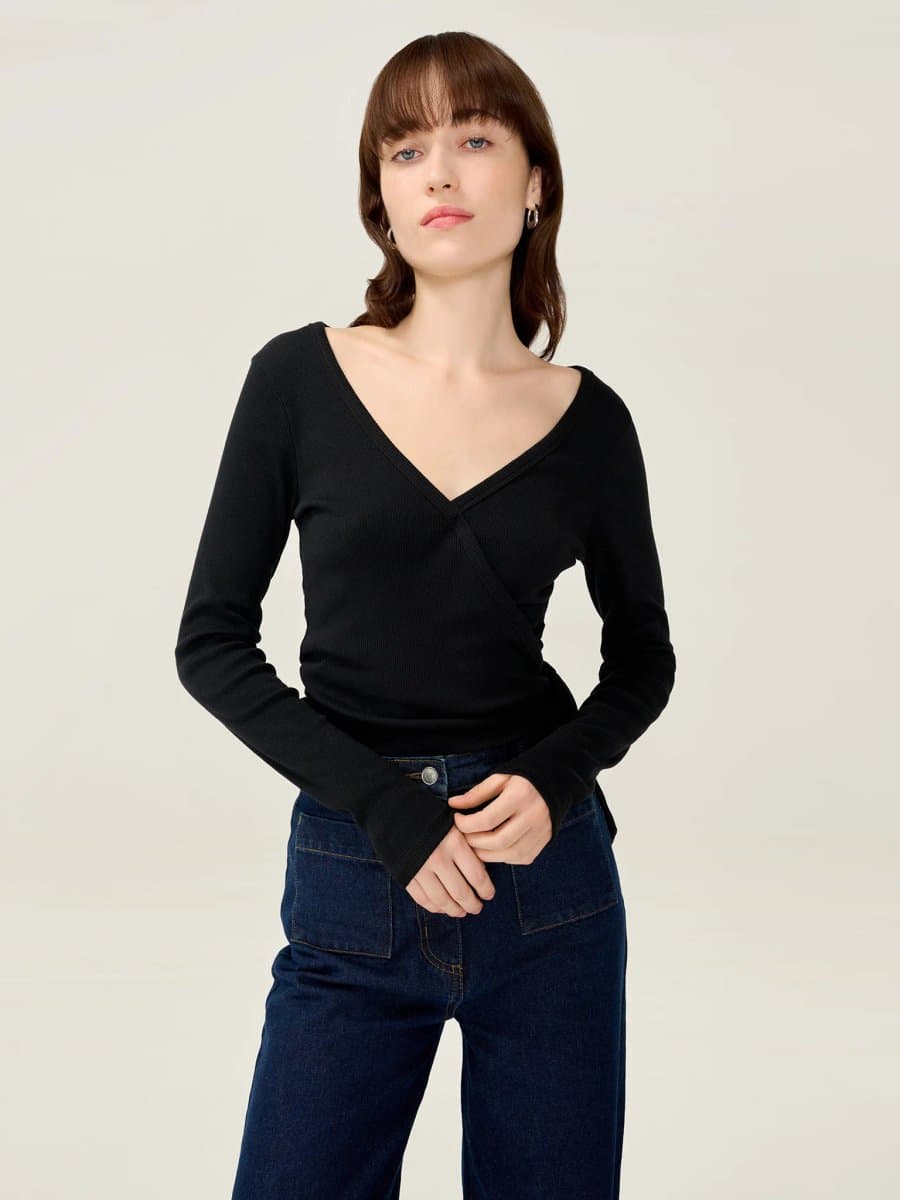 OMNES OMNES V-Neck Wrap Top in Black