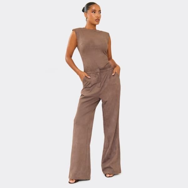 EGO Mid Rise Wide Leg Tailored Trousers In Taupe Faux Suede, Women's Size UK 6