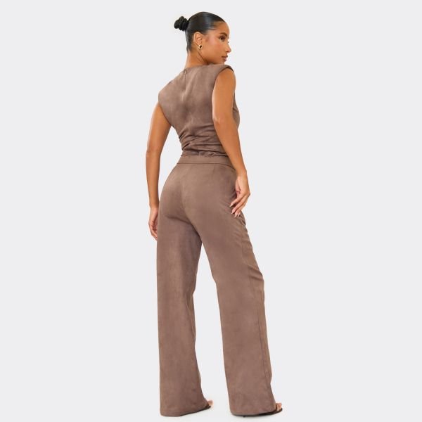 EGO Mid Rise Wide Leg Tailored Trousers In Taupe Faux Suede, Women's Size UK 6 - 2