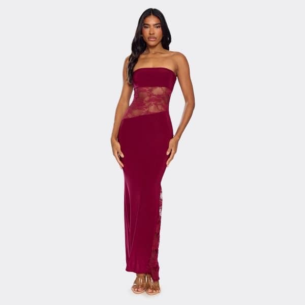 EGO Bandeau Contrast Lace Cut Out Detail Maxi Dress In Burgundy, Women's Size UK 12