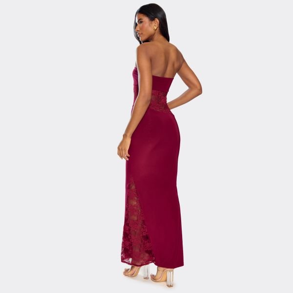 EGO Bandeau Contrast Lace Cut Out Detail Maxi Dress In Burgundy, Women's Size UK 12 - 2
