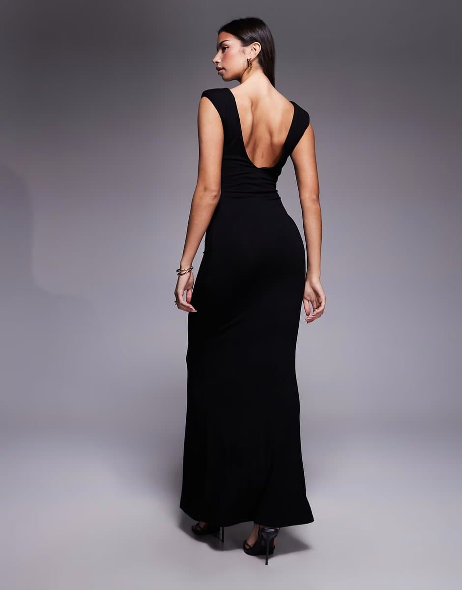 ASOS ASOS DESIGN slash neck shoulder pad maxi dress with plunge back in black