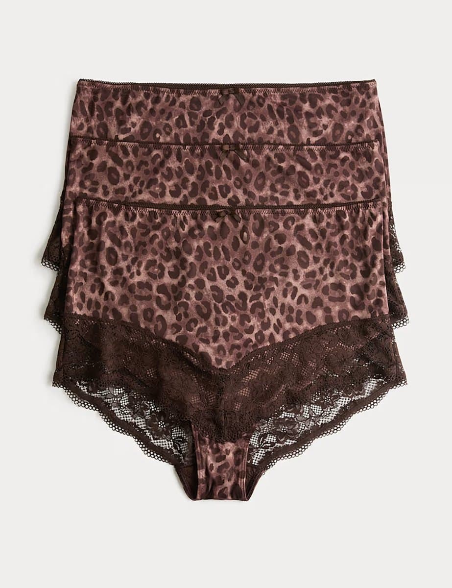 Marks & Spencer M&S 3pk Leopard Print Lace Trim Full Briefs Chocolate Mix