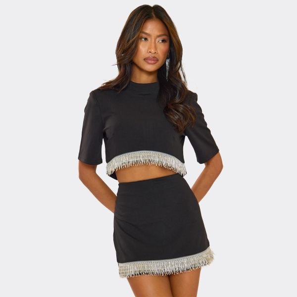 EGO Short Sleeve High Neck Bead Trim Crop Top In Black, Women's Size UK 6 - 1