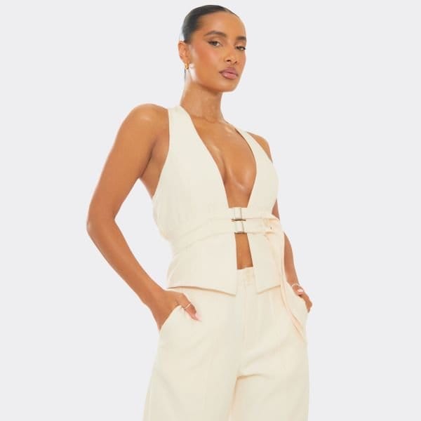EGO Halterneck Plunge Belted Waist Tailored Waistcoat In Stone, Women's Size UK 6 - 1
