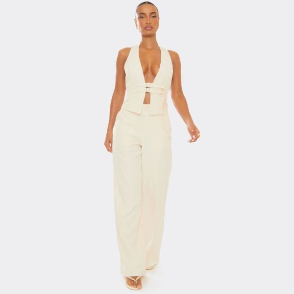 EGO Halterneck Plunge Belted Waist Tailored Waistcoat In Stone, Women's Size UK 6 - 2