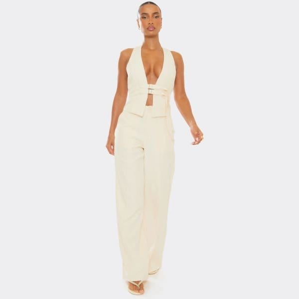 EGO Halterneck Plunge Belted Waist Tailored Waistcoat In Stone, Women's Size UK 6 - 2