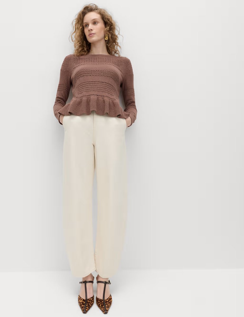 Marks & Spencer M&S Cotton Blend Pointelle Ruffle Jumper Golden Brown - 2