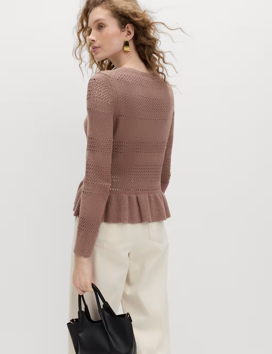 Marks & Spencer M&S Cotton Blend Pointelle Ruffle Jumper Golden Brown - 3