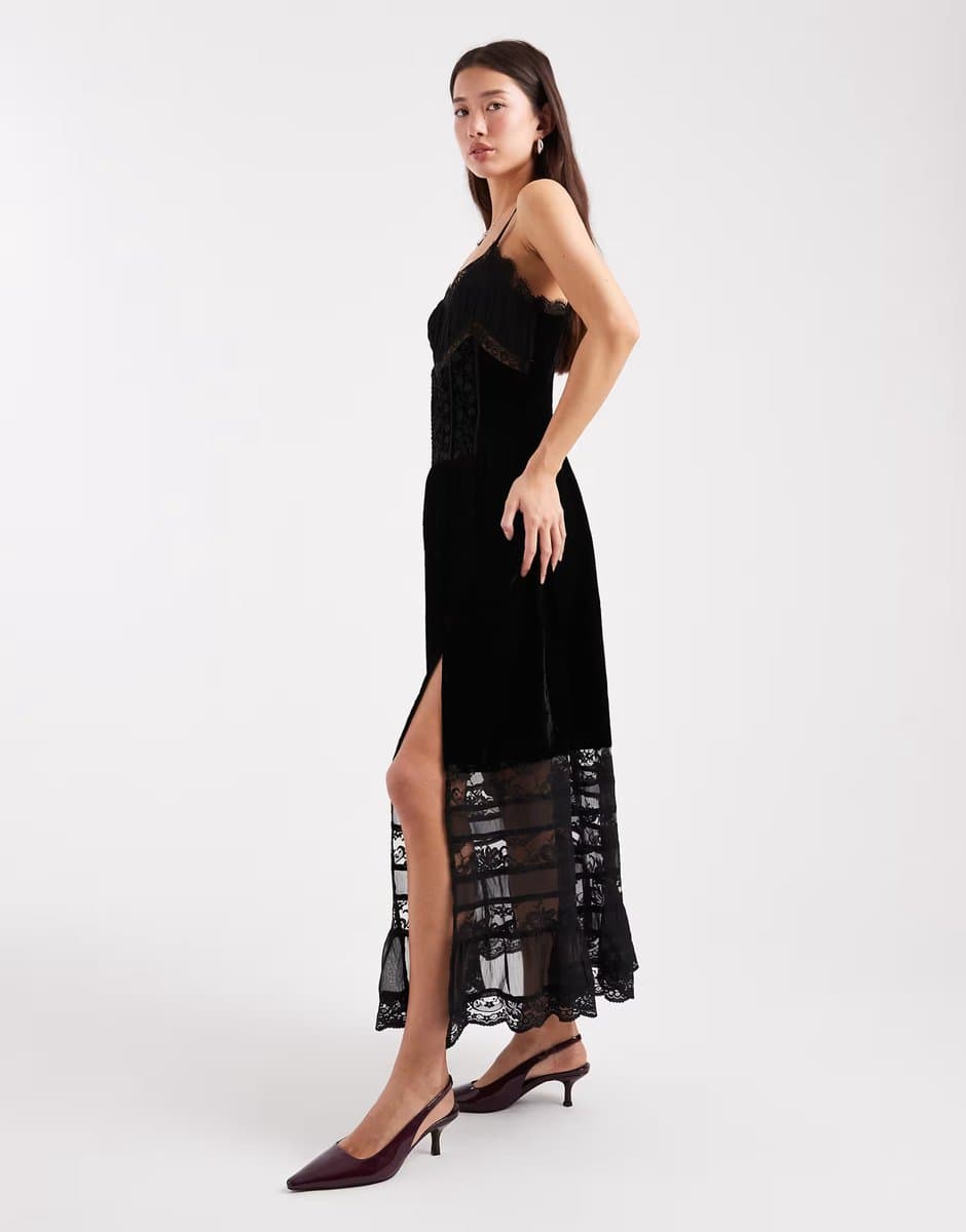 ASOS Miss Selfridge velvet and lace cami maxi dress in black
