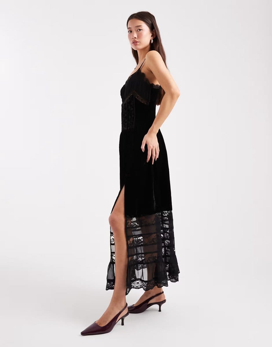 ASOS Miss Selfridge velvet and lace cami maxi dress in black - 1