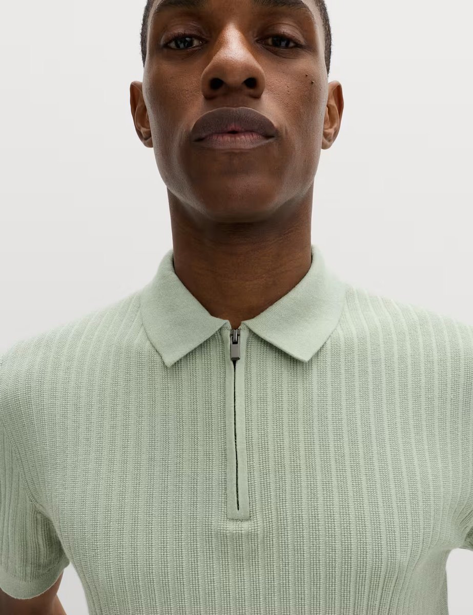 Marks & Spencer M&S Cotton Rich Ribbed Knitted Zip Up Polo Shirt Pistachio - 2